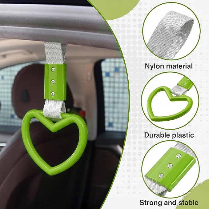 2PCS Heart Shaped Car Handle Straps, Rear Bumper Warning Keychain Ring for Car Exterior Accessories (Green-Silver)