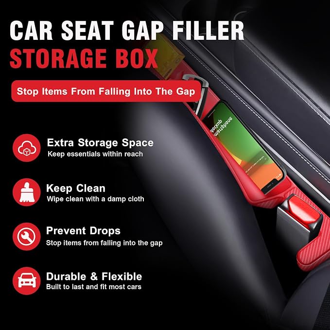 2PCS Car Seat Gap Filler, Automotive Seat Organizer Fill The Gap Between Seat and Console, Universal Car Storage Box Inserts Fill The Gap Between Seat &Console for Coins Wallets Keys (Red)
