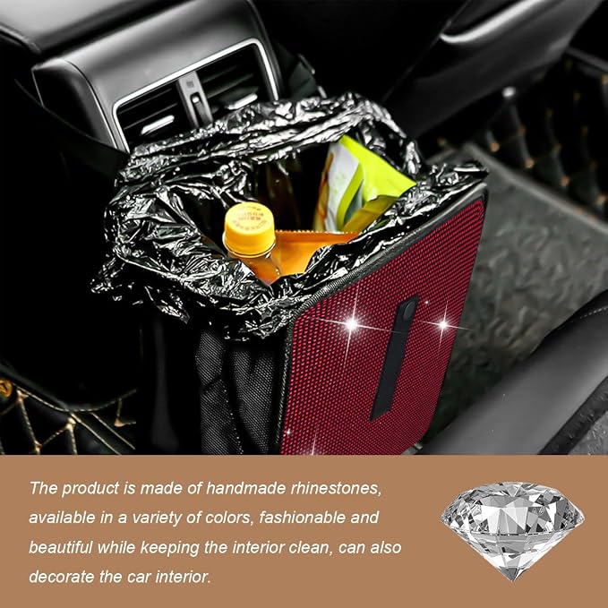 Car Trash Can, Bling Rhinestone Crystal Waterproof Hanging Garbage Bag for Car Interior, Oxford Leakproof Foldable Waste Organizer Trash Bin Universal for Most Vehicles (Red)