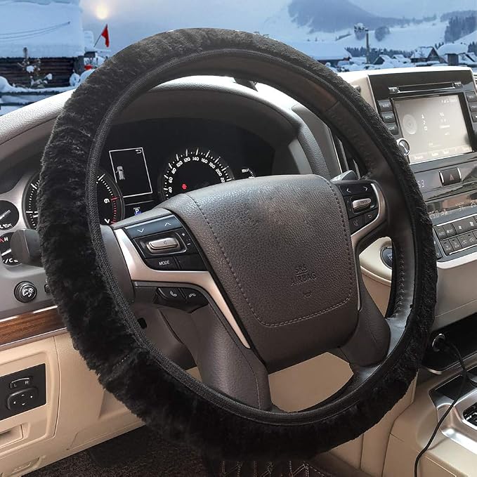 Steering Wheel Cover Universal 15 Inch Elastic Plush Soft Steering Wheel Cover for Women Men, Winter Warm, Anti-Slip, Odorless, Black