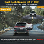 Front 4K+Rear 1080P Dash Cam Adapts for Volkswagen Atlas 2018-2026 (Model B/Broad Rear Cover) & Cross Sport 2020-2026, OEM Look, Dual HD Video, WiFi & APP, Loop Recording, Parking Mode, 128GB