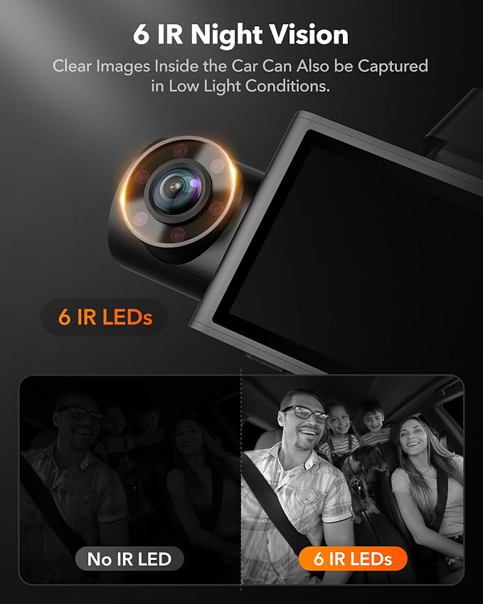 i07 3 Channel Dash Cam Built-in WiFi GPS, 4K Dash Camera Front and Inside, 1440P+1080P+1080P Triple Car Camera with 3" LCD Screen,IR Night Vision, 24H Parking Mode(Card Not Included)