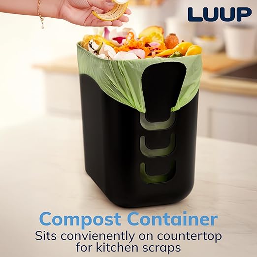 Luup Trash Can (Black) - Reuse Grocery Bags - Plastic Garbage Container for Bathroom, Vanity, Laundry Room, Kitchen, Office, Garage - 2.5 Gallon Wastebasket with Hooks to Secure Trash Bags