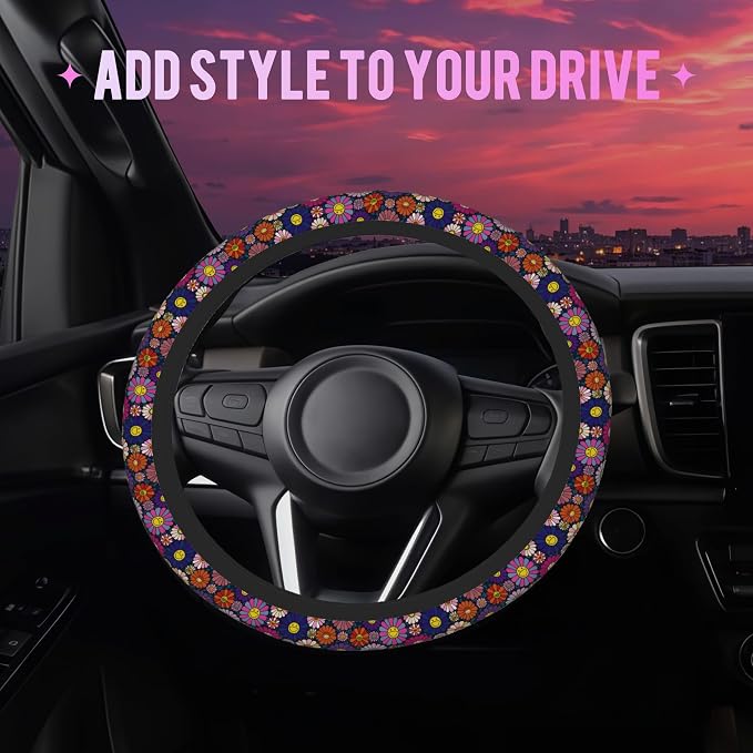 Colorful Pop Art Smiling Flower Steering Wheel Cover for Women Men Neoprene Breathable Wheel Cover Protector Anti-Slip Car Accessories Universal 15 Inch Fit for Cars Trucks Vehicles
