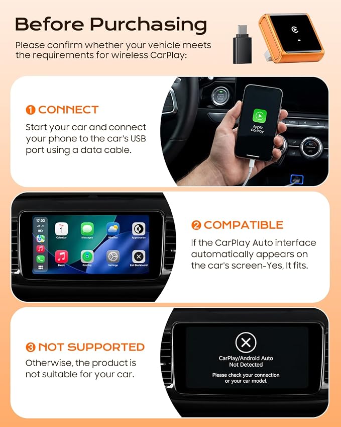 Mini Wireless CarPlay Adapter for iPhone Apple, USB-A/C Plug & Play | Go Wireless with Factory Wired Apple CarPlay, Fast Auto Connect, Low Latency, Compatible with iOS 10+ & 2015+ Cars, Orange