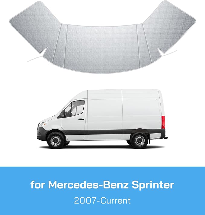Windshield Cover for Mercedes Sprinter 2007-current, Thick Oxford Front Window Sunshade, Exterior Windshield Cover for Ice & Snow, Gray with Mirror Cutouts