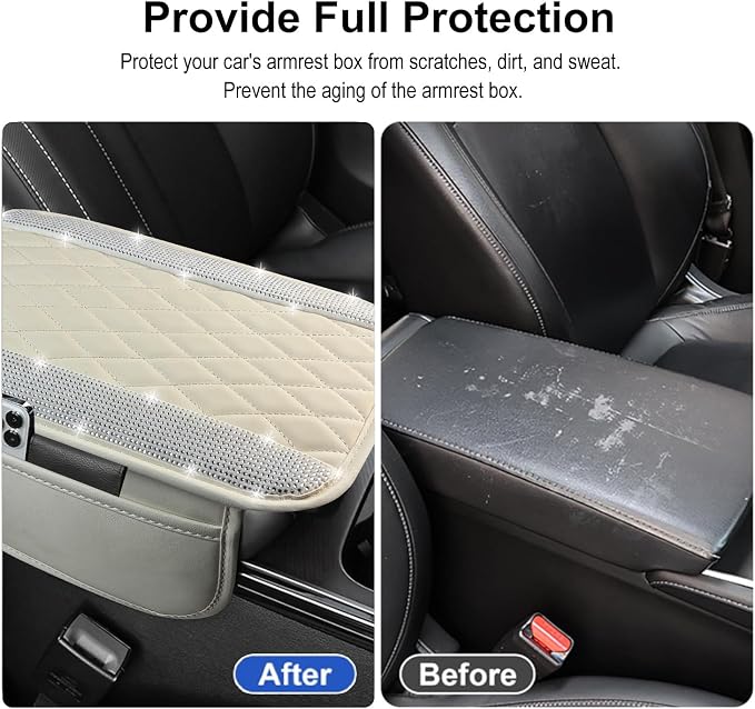Bling White Car Center Console Cover, Leather Car Arm Rest Cover with 2 Storage Bags, Universal Auto Armrest Protector Storage Box, Bling Accessories Interior for Most Vehicles