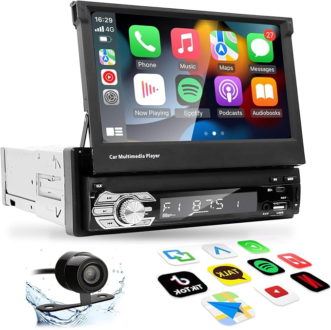 Single-Din-Touchscreen-Radio,Carplay&Android Auto,Car Stereo Backup Camera | Bluetooth/FM/RDS Radio/Type-C/USB/SD/MP4/MP5 Player
