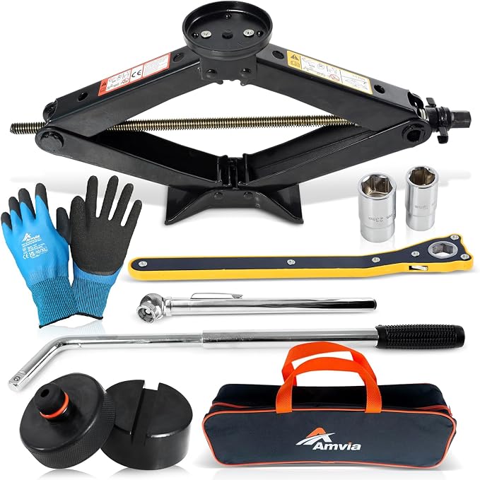 Car Jack Kit 3 Ton (6,600 lbs) with Tesla Pad & Universal Rubber Pad | Scissor Jack for Car - Tire Jack Tool Kit | Portable, Ideal for SUV and Auto - Universal Emergency Kit with Lug Wrench