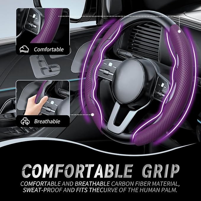 2pcs Car Steering Wheel Cover,Anti-Skid Carbon Fiber Steering Wheel Protector for Men Women,Multiple Color Options,Universal for Most Car Interiors Accessories (NewPurple)
