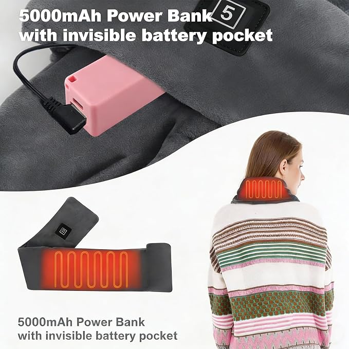 2PC Women Men Heated Scarf,Portable Heating Pad with 5000mAh Power Bank,Rechargeable Fast Heated Neck Wrap with 3 Temperature Settings,Electric Neck Heating Scarves for Office Outdoor Winter Warm Gift