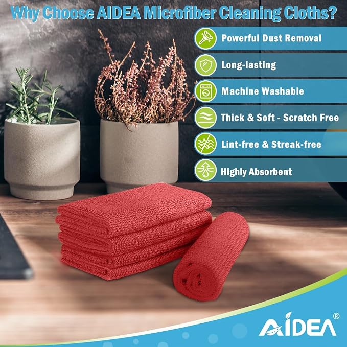 AIDEA Microfiber Cleaning Cloth Red-100PK, Soft Absorbent Shop Rags, Microfiber Towels for Cars, Kitchen Towels, Dusting Cloth for Home, Window, Cleaning Supplies, 12"×12"