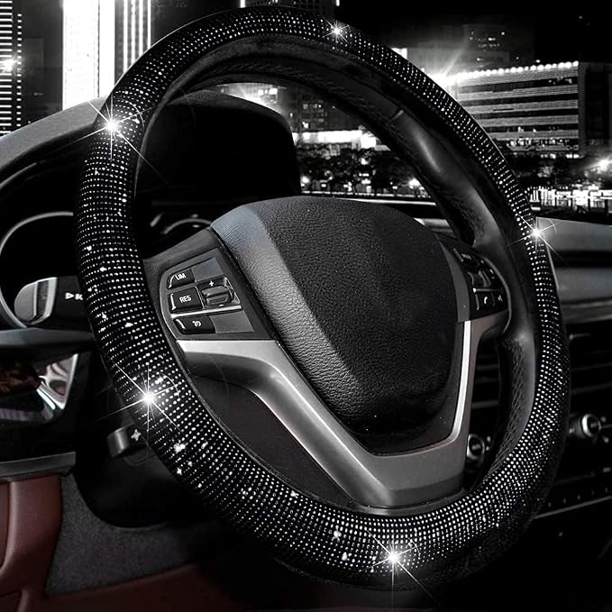 Steering Wheel Cover for Women 15 1/2 inches-16 inches Bling Bling Crystal Diamond Sparkling for F150 F250 F350 Ram 4Runner Tacoma Tundra Range Rover (Black with Black Diamond)