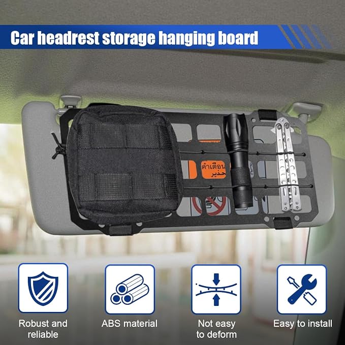 Vehicle Rigid MOLLE Panel, Car Sun Visor Organizer Tactical Gear Rack, EDC Pouch Tool Holster Truck Equipment Mount Plate, Auto Interior Modular Storage Shelf Accessories (Sunvisor)