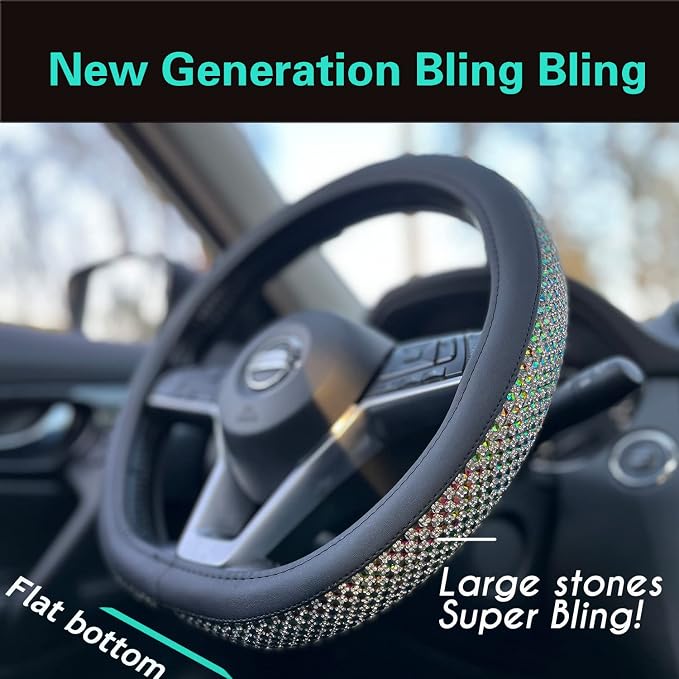D Shaped Bling Comfy Steering Wheel Cover with Jumbo Crystal Rhinestones, Anti-Slip Diamond Leather, Flat Bottom 14.5-15 Inch (Colorful)