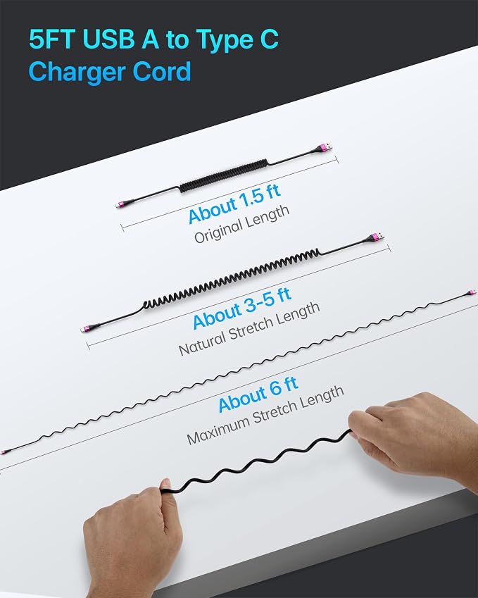 USB C Cable Fast Charging, 2Pack 5ft Coiled USB A to USB C Cable for Car, USB Type C Charger Cord Compatible with iPhone 17/16/15 Pro Max/Samsung Galaxy S20 S10 and More USB C Devices-Rose Red