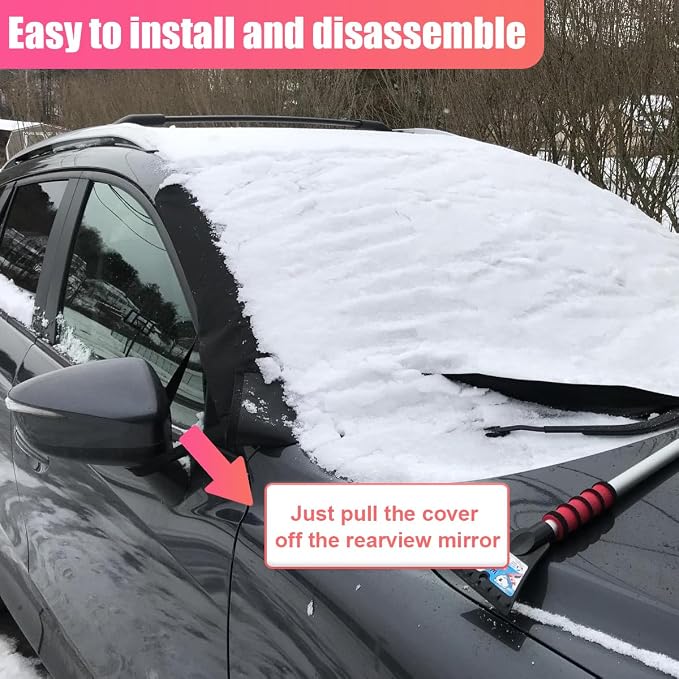 Car Front Windshield Snow Ice Cover, Oxford Waterproof Auto Sun Shade, 74'' × 66'' Vehicle Windproof Protect Cover, Winter Frost Automotive Exterior Accessories for SUV, Sedan, Truck (Front)