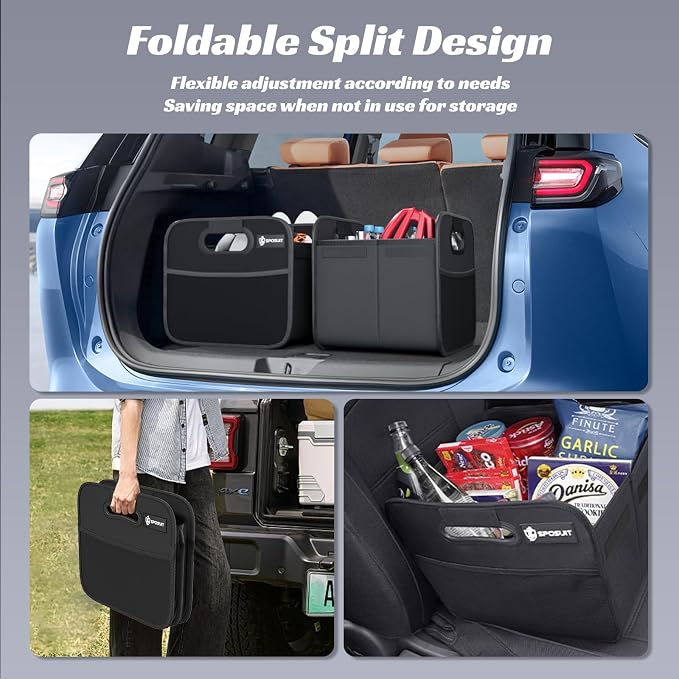 Trunk Organizer for Car - Collapsible Split Trunk Storage with Reinforced Handles, SUV Trunk Organizers for Grocery Cargo(Black, 2Pack)