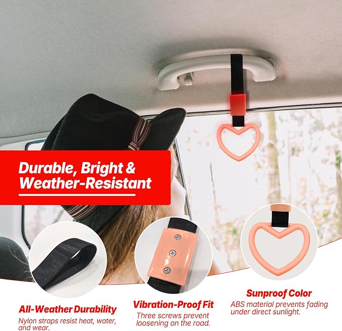 2 Pcs Heart Shaped Car Handle Strap – Drift Charm Rear Bumper Warning Ring Decor for Car Interior Exterior, Subway Bus Handle Accessory, Cute Heart Car Decor Gift for Women & Men (Luminous Red)