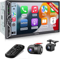 [QLED Screen Upgrade] 7" Double Din Car Stereo with Dash Cam, Wireless Apple CarPlay and Android Auto, Bluetooth, 240W 4.2-Channel Audio Output, MirrorLink, Backup Camera, AM/FM Car Radio