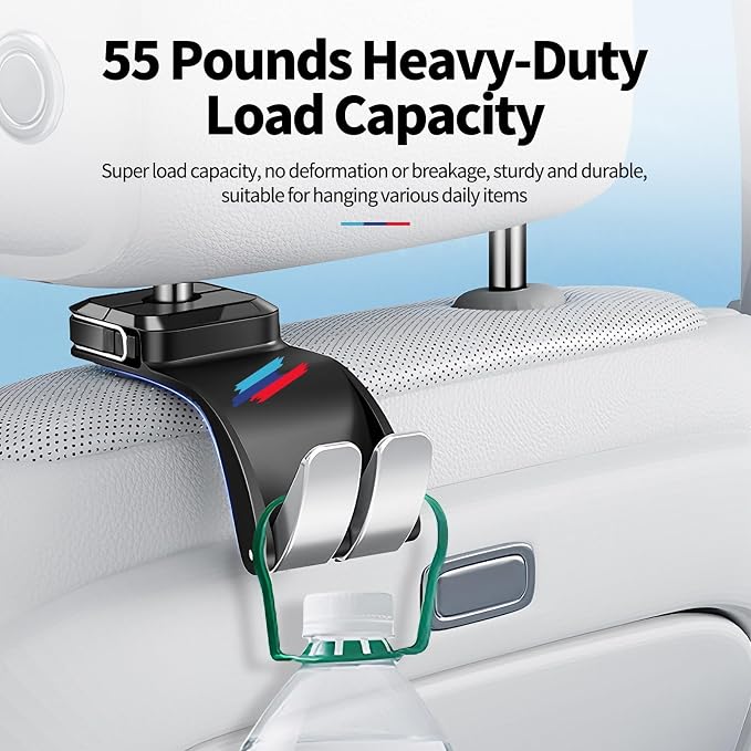2 PCS Car Headrest Hook Safe Foldable Hidden Seat Hooks, Strong Load Capacity ABS Seat Hanger for Purse Bag Bottle Storage Organizer, for BMW 3 4 5 X1 X3 X5 Accessories with Sporty 3-Color Logo