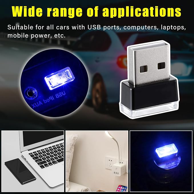 4 PCS USB LED Car Interior Atmosphere Lamp, Plug-in USB Decor Night Light, Portable Auto Ambient Lighting Kit, Universal Vehicle Interior Accessories for Most Cars (Blue)