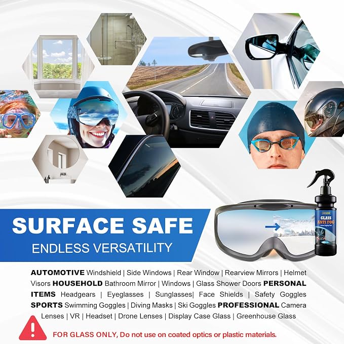 Anti-Fog Spray for Glass Car Windshield Defogger Prevents Fogging of Interior Glass, Mirrors, Windows, Shower Door with Defogging & Cleaning Sponge, Towel 4oz/120ml