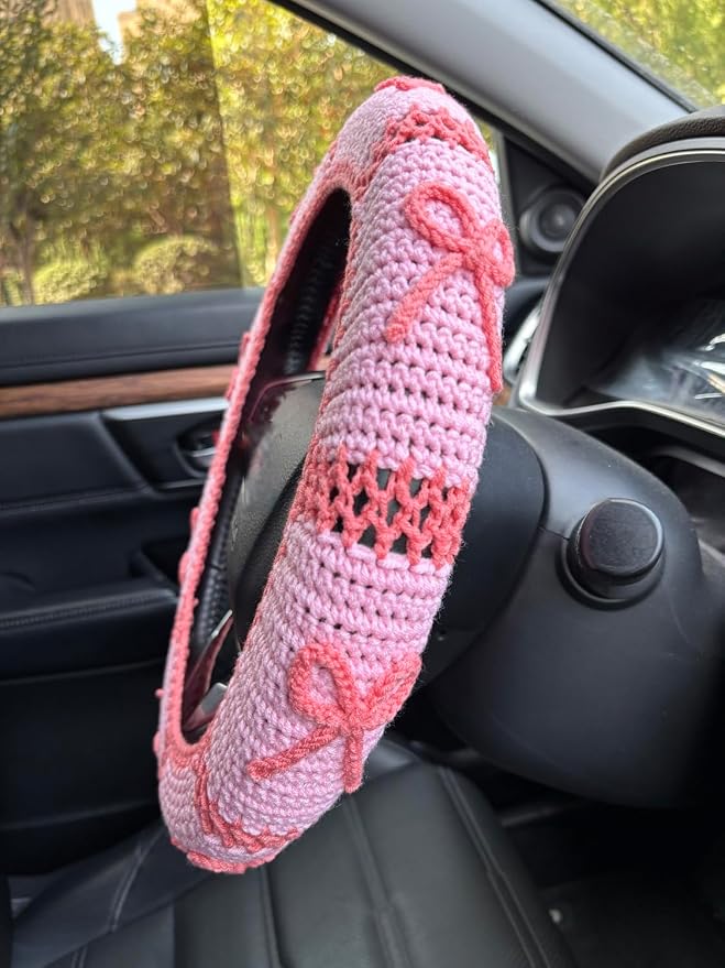 Handmade Crochet Pink Bow Car Steering Wheel Covers Universal 14-15 inch,Cute Steering Wheel Cover,Car Accessories (A: Wheel Cover+2Belt Cover)