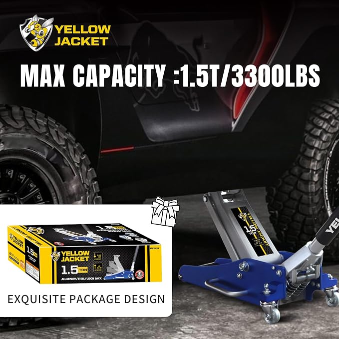 Floor Jack 1.5 Ton Hydraulic Low Profile Aluminum and Steel Car Jack Lightweight Service Jack with Quick Lift Dual Pump, 3300 lbs Capacity