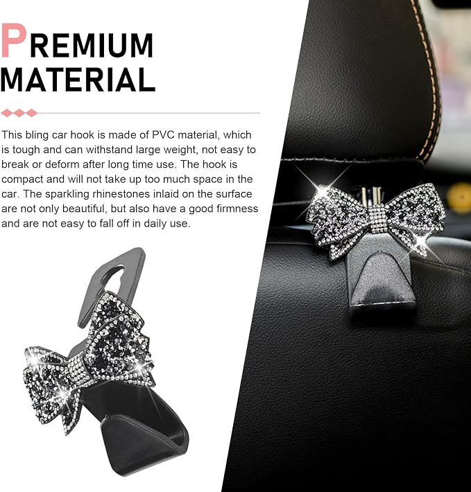 2PCS Bling Bow Car Seat Headrest Hooks, S Type Cute Bow Car Seat Back Hanger Storage for Purses Bags Grocery, Crystal Rhinestone Vehicle Rear Seats Organizer, Universal for Most Cars (Black)