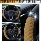 15 Inch Bling Soft Leather Car Steering Wheel Cover, Beige | Colorful Rhinestones Design, Auto Elastic Protector for Women Girls, Crystal Diamond Car Accessories for Most Cars, SUVs