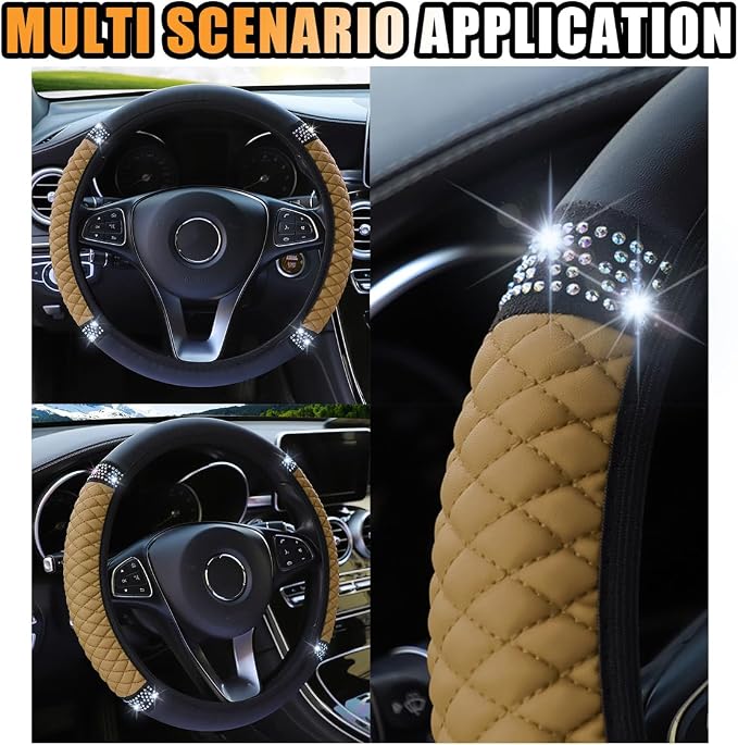 15 Inch Bling Soft Leather Car Steering Wheel Cover, Beige | Colorful Rhinestones Design, Auto Elastic Protector for Women Girls, Crystal Diamond Car Accessories for Most Cars, SUVs