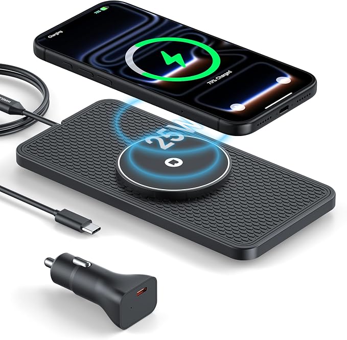 25W Magnetic Wireless Car Charger Pad, for MagSafe Car Charger with 45W USB-C Car Charger, Anti-Slip Wireless Charging Pad for Car Compatible with iPhone 17 16 15 14 13 12 (1 Meter Cable)