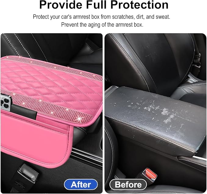 Bling Pink Car Center Console Cover, Leather Car Arm Rest Cover with 2 Storage Bags, Universal Auto Armrest Protector Storage Box, Pink Bling Accessories Interior for Most Vehicles