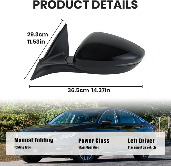 Left Driver Side Mirror Compatible with 2018-2022 Honda Accord Power Glass | Heated | with Blind Spot |with Turn Signal | Manual Folding Repalces HO1320330 (8Pins-Black)