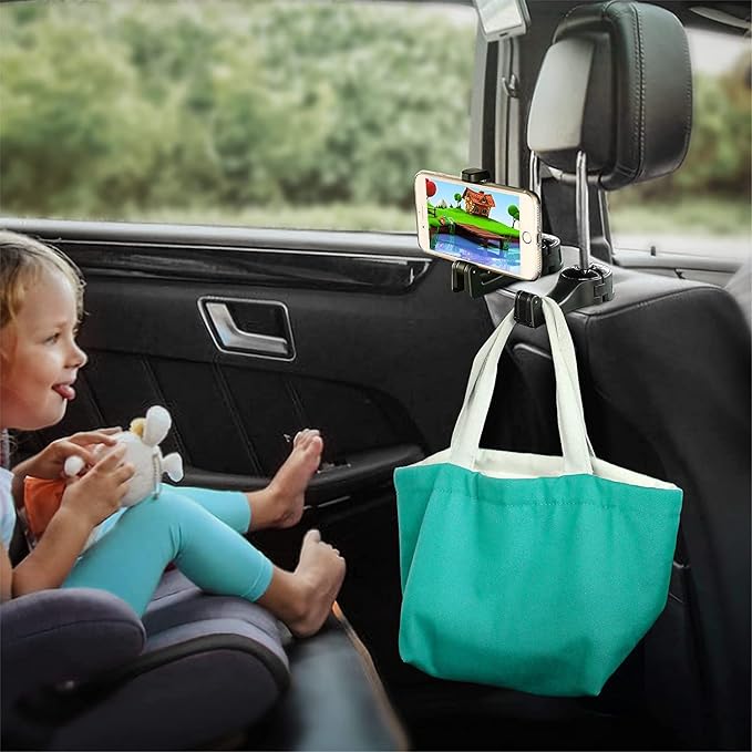 Upgraded 2 Pack Car Headrest Hidden Hook 2 in 1 Car Seat Hooks with Phone Holder for Purse, Backpacks,Toys,and Even Bottle Storage Organizer (Silver)