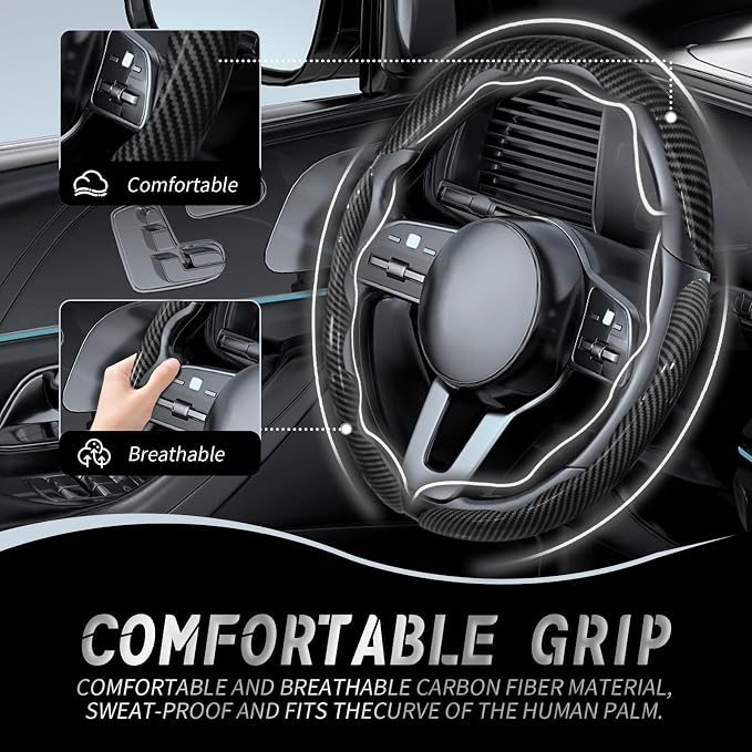 3pcs Car Steering Wheel Cover,Anti-Skid Carbon Fiber Steering Wheel Protector for Men Women,Multiple Color Options,Universal for Most Car Interiors Accessories (Bright Black 3PCS)