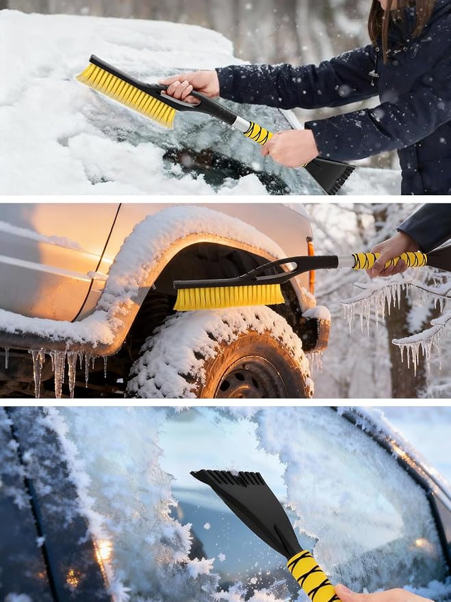 27" Snow Brush and Ice Scrapers for Car Windshield, Yellow, 2 Pack | Detachable Windshield Scraper, Snow Removal Tool with Curved Connector & Ergonomic Foam Grip for Cars, Trucks, SUVs