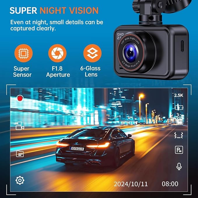 Dash Cam Front and Rear, 2.5K Dual Dash Camera for Cars, 2560P Mini Car Camera, 2 inch IPS Screen, WDR Night Vision, 24 Hours Parking Monitor, G-Sensor, Support 256 GB Max