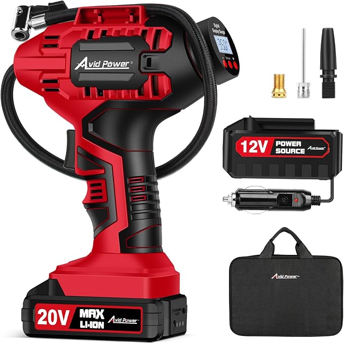 Tire Inflator Portable Air Compressor, 20V Cordless Car Tire Pump, Rechargeable Battery Powered Air Compressor w/12V DC Adapter, Digital Pressure Gauge