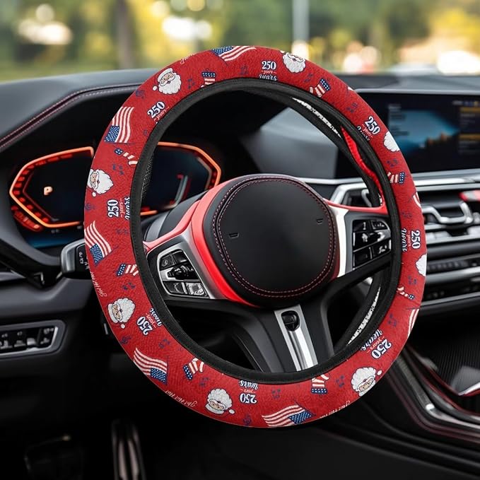 Car Steering Wheel Covers 14-15" inch for Most Car Sedans SUVs | Santa Claus American 250th Print, Women Men Car Interior Accessories Universal Fit Auto, Suvs, Truck