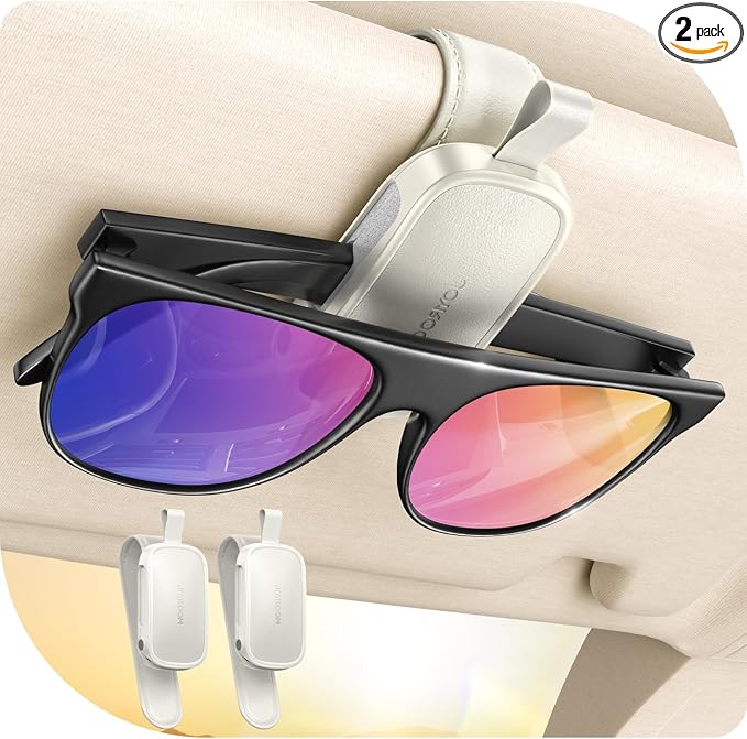 Sunglass Holder for Car Visor Sunglasses Holder Clip [Real One-Handed Operation] [Soft Foam Protection] [Non-Slip] Magnetic Leather Visor Organizer & Accessories Interior Gift for Women Men