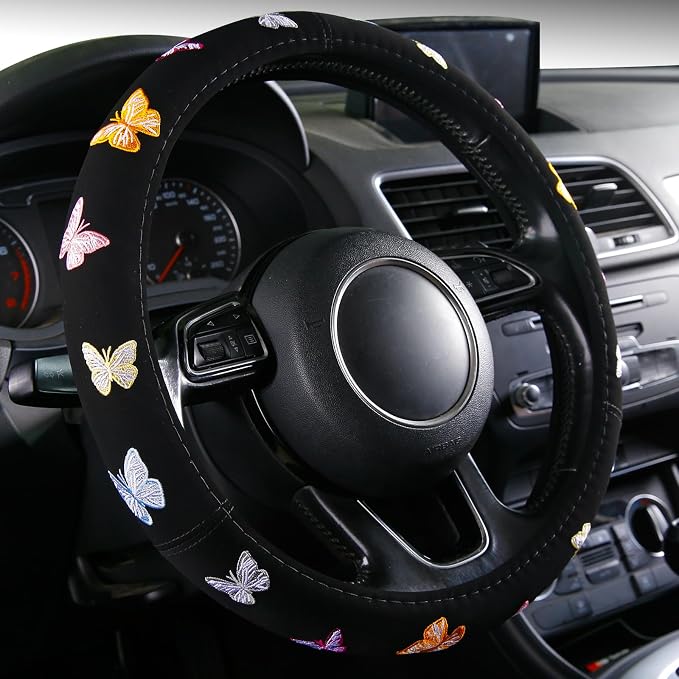 Embroidery Cute Steering Wheel Cover Stitched Butterfly Girly,Sweat Absorption,Universal 15 inch