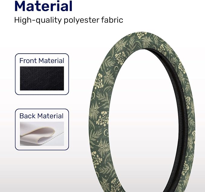 Dark Cottagecore Botanical Steering Wheel Cover, Non-Slip Polyester Wheel Grip, Universal 15 Inch Car Accessory
