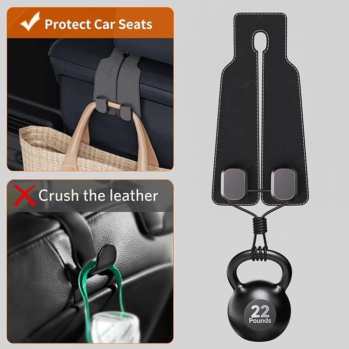 BiYiQi Headrest Hooks for Car, Seat Back Storage Hook Leather Alloy Car Purse Hook, Car Seat Storage Hanger, Car Hooks for Purses, Bags, Handbags,(2 Pack),Gray