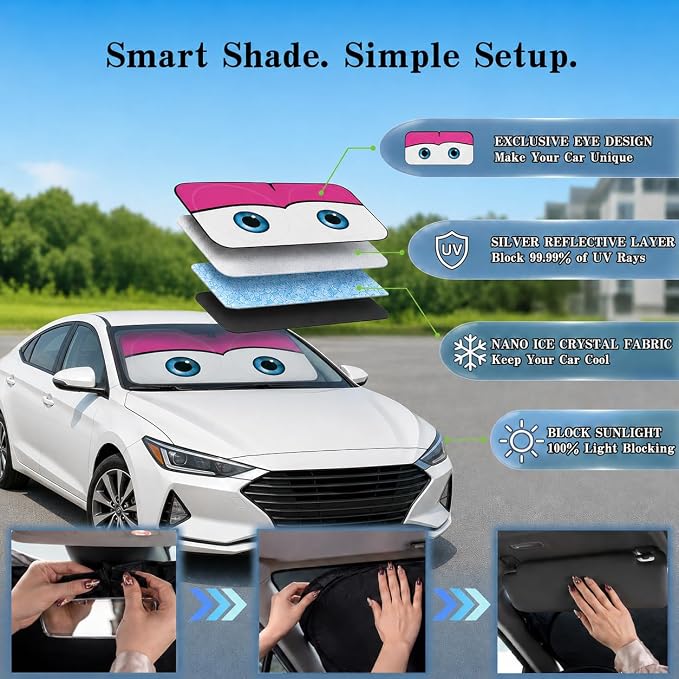 Car Windshield Sun Shade, Universal Fit Compact Sedan SUV, Cute Pink | 59 x 27.5" Car Sun Visor, Foldable Front Window Sunshade, UV Heat Protection, Cute Eyes Series