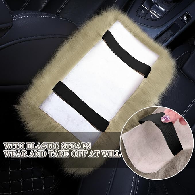 Furry Armrest Cover Auto Center Console Cover Car Soft Console Pad, Real Sheepskin Wool Soft Fluffy Auto Center Armrest Pad for Most Car Decoration Protector (Champagne)