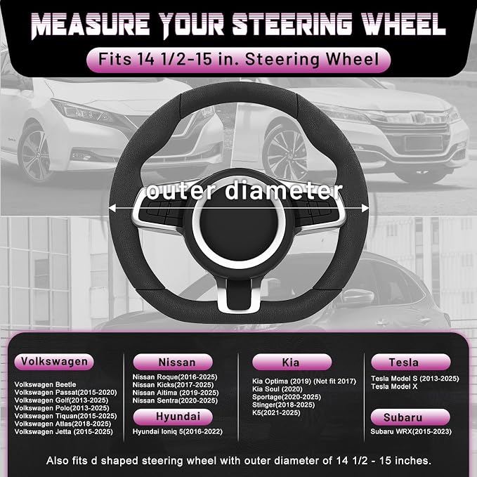D Shaped Steering Wheel Cover for 14.5-15 inch Flat Bottom Wheels, Breathable Perforated Microfiber Leather, Anti-Slip Grip, Universal Fit for Cars & SUVs, Black and Dawn Purple