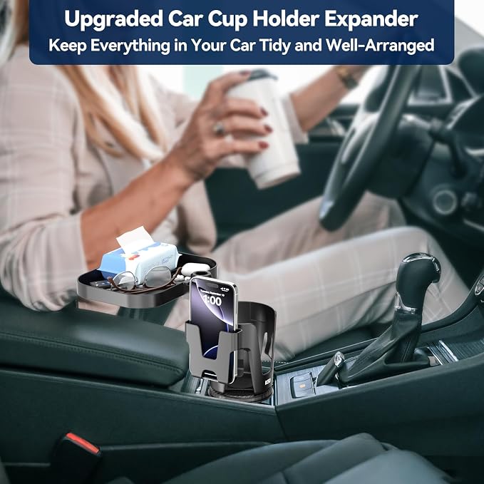 Car Cup Holder Expander - 3 in 1 Cup Holder Adapter with Adjustable Base - Detachable Phone Holder & 360° Rotation Food Tray for Car - Compatible with Vehicles, Car, Road Trip Essentials