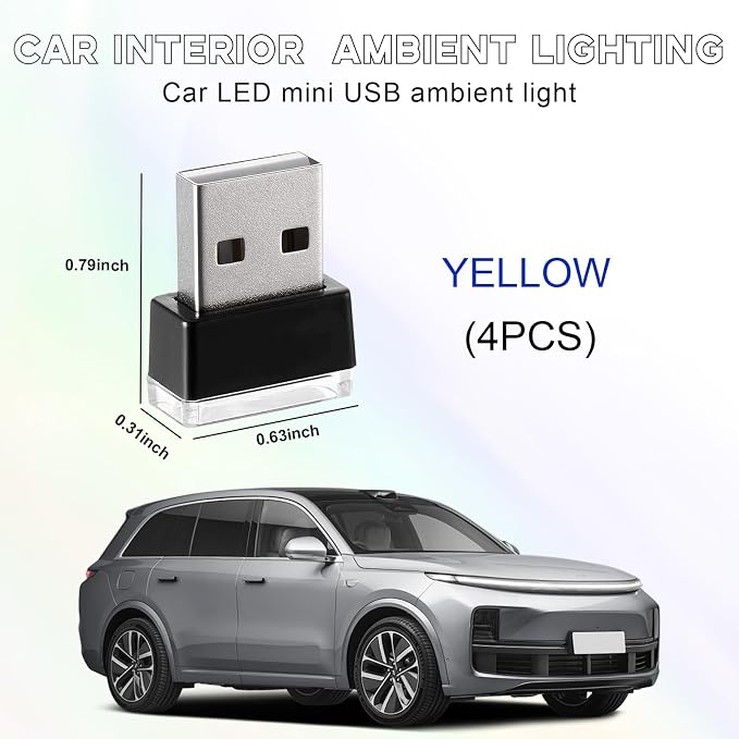 4 PCS USB LED Car Interior Atmosphere Lamp, Portable Mini LED Night Light, Plug-in USB Interface Trunk Ambient Lighting Kit, Universal Interior Car Accessories (Yellow)